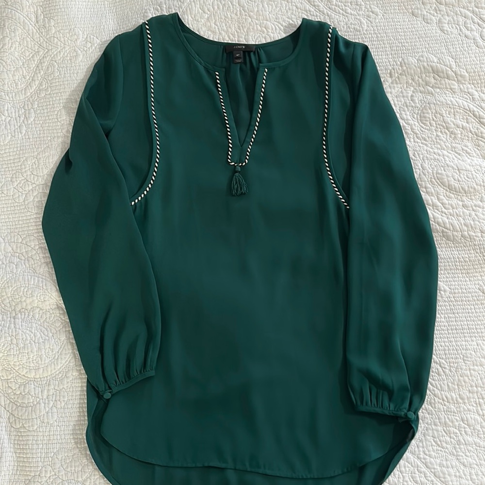 J Crew Hunter Green tassel tunic blouse 4T